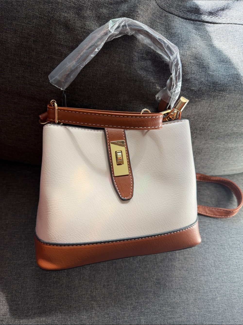 Structured Cream and Brown Women’s Satchel with Gold Accent